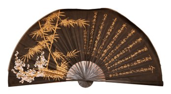 Large Vintage Chinese Export Bamboo And Cherry Blossom  Black With Gold Fan Wall Art