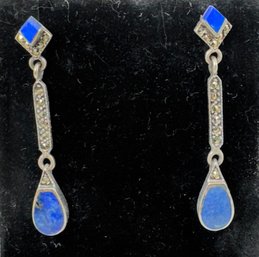 BEAUTIFUL LAPIS LAZULI STERLING SILVER MARCASITE DANGLE EARRINGS