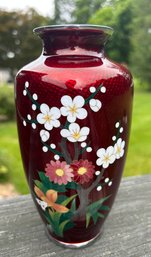 Vintage Japanese Marked Sato Cloisonne ? Enamel Vase BloodRed Asian Enamel Art 7.5' Height