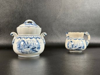 A Beautiful Antique Creamer & Covered Sugar Set, Delft