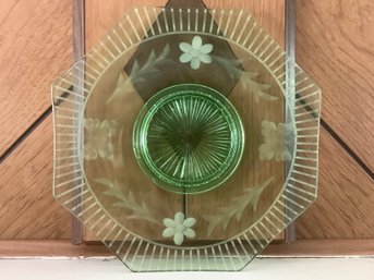 Floral Etched Green Glass Platter