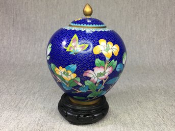 Wonderful Vintage Chinese Cloisonne Lidded Jar On Carved Wooden Stand - Lovely Jewel Tone Blue / Yellow / Pink
