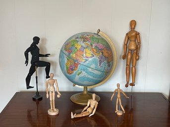 Lot Of Wooden Artist's Model Mannequins With Globe