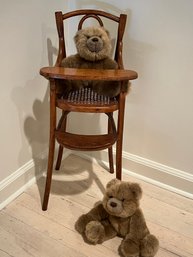 Antique Bentwood Doll Highchair With Cane Detailing Plus Two Gund Teddy Bears