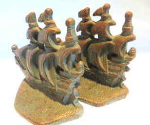 Vintage Ship Bookends Cast Iron Copper