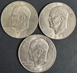 3 Eisenhower Dollars 1972, 1976, 1978-D