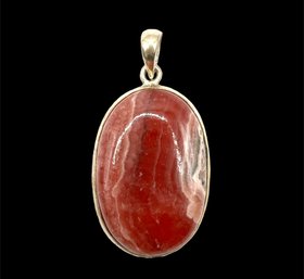 Vintage Large Sterling Silver Dark Pink Polished Agate Stone Pendant