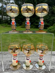 Vintage Set Of  6  Goebel Hummel Gold Design Wine Glasses W/Figurine Stems 4 Oz. 5.5' H ( READ Description)