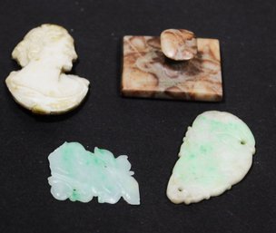 Small Lot Victorian Carved Jade, Shell Cameo And Stone Cufflink