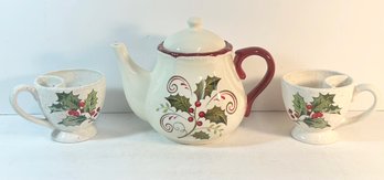 Teapot & Pair Of Teacups With Cute Holly Design