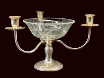 Silver Plated Candelabra For Three Taper Candles And Center Bowl
