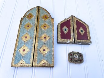 A Pair Of Vintage Italian Florentine Triptych's & A Vintage Czech Brass Rosary Box With Religious 2 Medals