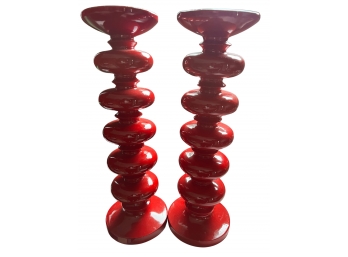 MCM Glossy Red Ceramic Spool Candle Pillars