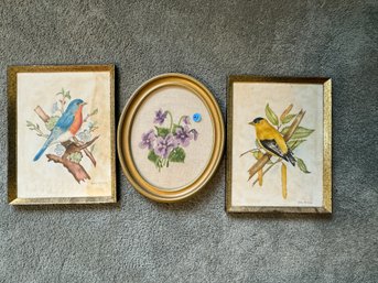 TWO THEOREM PAINTINGS OF BIRDS ON VELVET AND A NEEDLEPOINT