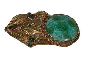 Half Of A Very Cool Victorian Gilt Brass Buckle W Large Green Stone