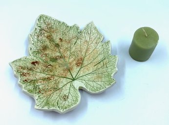 Artist Signed Ceramic Studio Leaf Dish With Votive Candle.