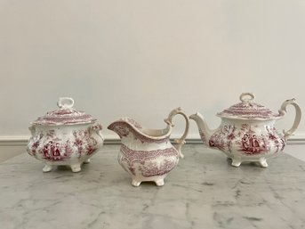 1800s Chinoiserie Pink Transferware Tea Service