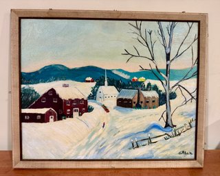 Signed Oil On Board Winter Village Scene By G Adams
