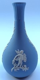TINY 5.25' WEDGWOOD CUPID BUD VASE: Vintage Pale Blue Jasperware Bird, Angel Cherub, Classical, Flowers Floral