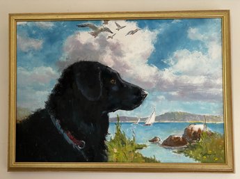 Black Dog Looking Over Water Paintimg Todds Point Greenwich Ct Bob Fujitani