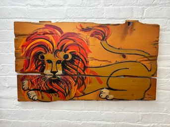1960s Rustic Lion Painting On Wood By Jan McPherson, Signed