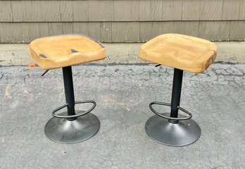 Industrial Metal And Wood Seat Swiveling Stools