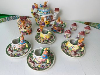 Bunny Themed Tea Set & Mushroom Napkin Rings