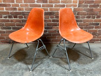 Pair Of Vintage Mid Century Modern Eames For Herman Miller Orange Shell Chairs