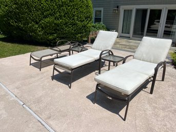 Three Stackable Sling Back Outdoor Loungers With Tie On Cushions - There Are 3 Cushions - Only 2 Shown