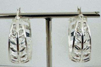 WIDE STERLING SILVER LEAF PATTERN HOOP EARRINGS