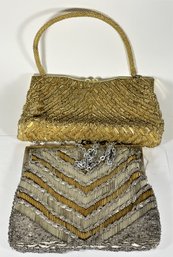 Lot Two Vintage Micro Glass Beaded Bags Purses Gold And Silver Colored