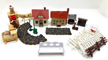 Vintage Miniatures Including Wood Houses & Christmas Bears, Some Plastic