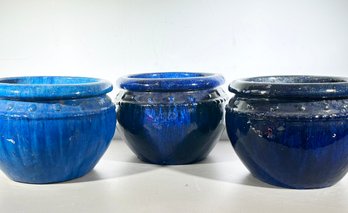 A Trio Of Medium Glazed Earthenware Planters By Campania IN Shades Of Blue