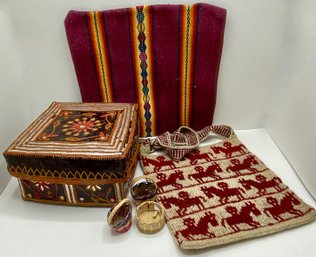 Decorated Storage Box, Mexican Tote Bag, Woven Pillow Cover & Small Baskets