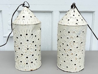 A Pair Of Large Pierced Tin Colonial Style Lanterns - Wired For Electricity