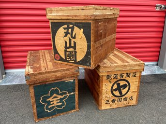 Trio Of Vintage Japanese Wooden Tea Crates.