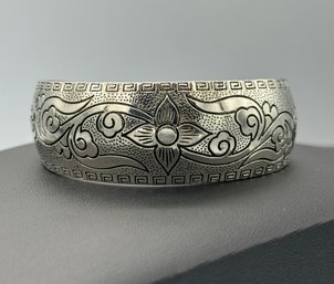 Greek Key & Floral Design Sterling Silver Cuff
