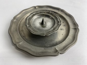 Antique Pewter Candle Pricket And A Wavy-Edged Plate