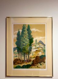 Aquatint Etching Of A Hillside Town Numbered And Artist Signed By Carzal Matted And Framed Behind Museum Glass