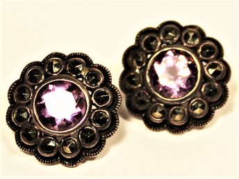 Pair Fine Sterling Silver Pierced Earrings Amethysts And Marcasites`