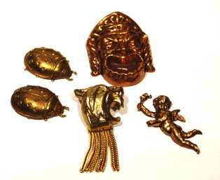 Lot Of Five Antique Copper And Gold Tone Finished Brass Mounts Cherub Bugs, Etc.