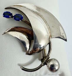 RETRO HANDMADE STERLING SILVER BLUE STONE FLORAL BROOCH