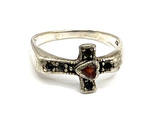 Vintage Sterling Silver Red Stone Cross Ring, Size 6.5