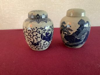 Pair Of Miniature Blue And White Jars