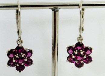 PRETTY STERLING SILVER GARNET DANGLE EARRINGS