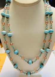 GORGEOUS VINTAGE PINK/BLUE CRYSTAL & ROBINS EGG BLUE BEAD NECKLACE 48'