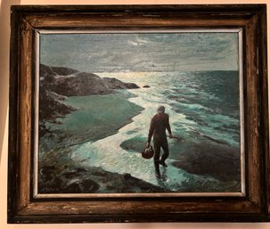 Painting Of Man Clamming On Beach Bob Fujitani Greenwich Ct 1976