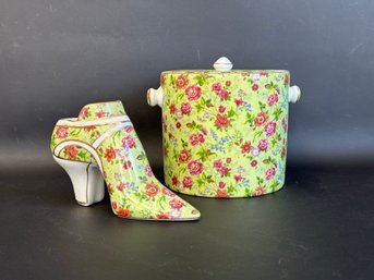 A Charming Victorian Shoe & Canister In Porcelain By Baum Bros.