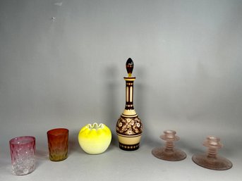 Bohemian Art Nouveau Decanter,  Victorian Satin Art Glass & Amberina Glass