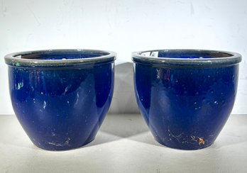 A Pair Of Cobalt Glazed Earthenware Planters